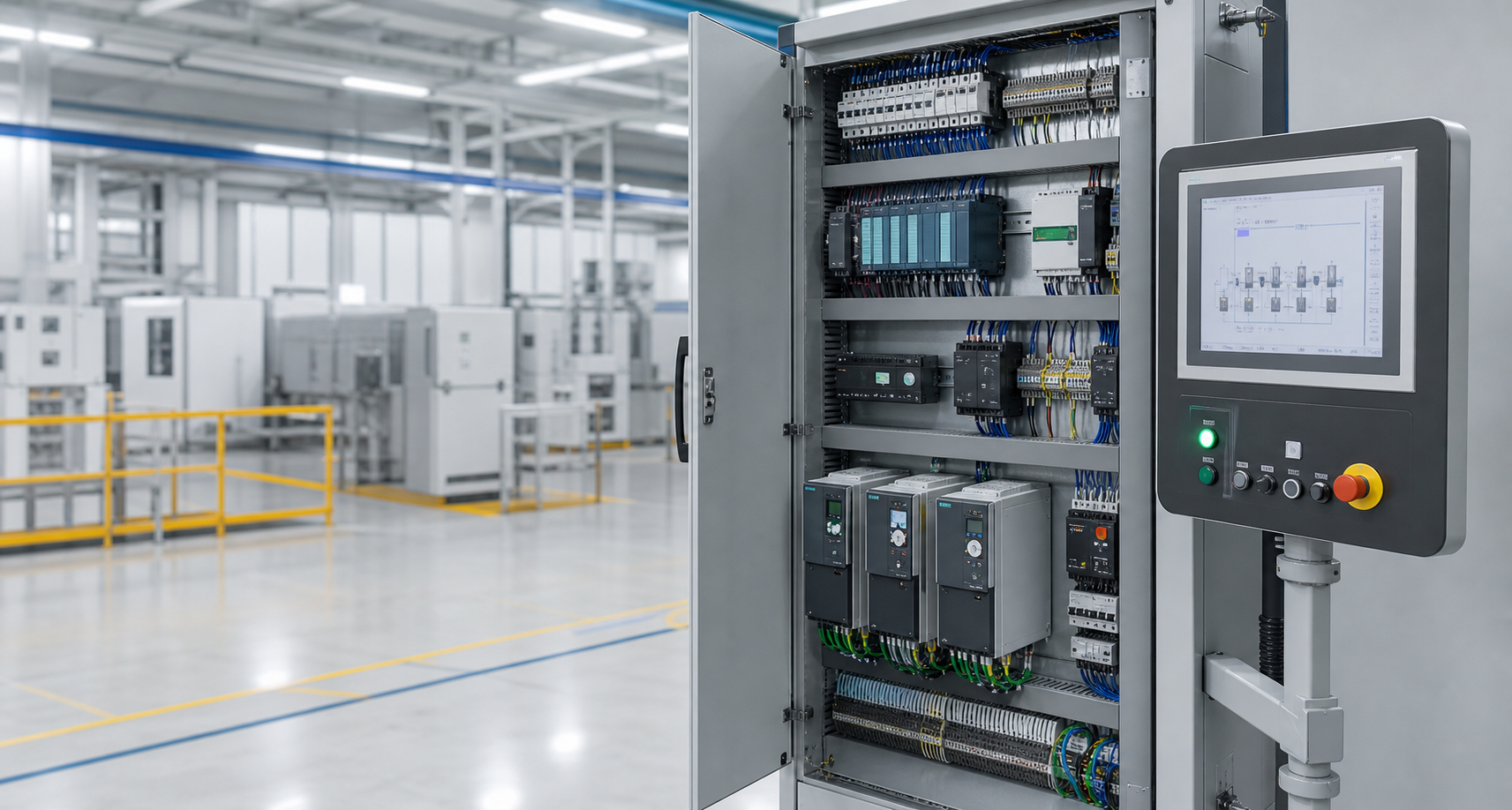 Gabinete de automatizacion industrial con variadores, PLC y pantalla HMI